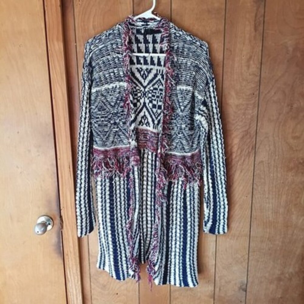 New Directions XL Boho Open Front Cardigan Tribal Fringe Sweater Navy Cream